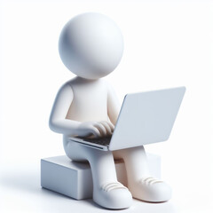White 3D figure working on laptop. AI generated