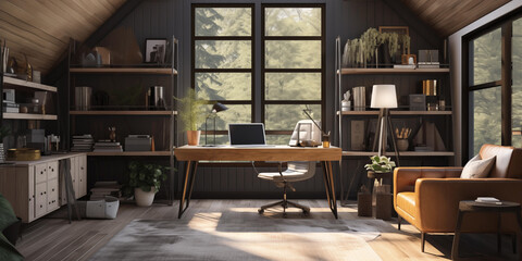 Traditional Farmhouse-style home office with a office chair in front of screen, reclaimed wood desk  Design, a metal bookshelf , sofa and back glass window, interior design 