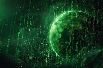 digital Earth holographic in green, composed of 1s and 0s Matrix movie inspired conveying a digital world concept