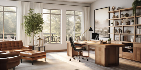 Traditional Farmhouse-style home office with a office chair infront of screen, reclaimed wood desk  Design, a metal bookshelf , sofa and back glass window and indoor plant, interior design 