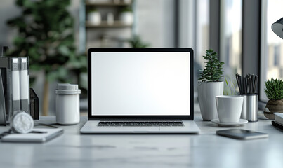 Laptop with blank screen on wooden table. Home interior, cafe or office background. Mockup. Place for text. Copy space