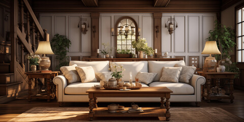 Fototapeta na wymiar Elegant Colonial Style Living Room Interior with Classic Furnishings and Vintage Charm, two white sofa with coffee table and indoor plant and lamp on both side tables, interior design 