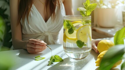 a woman delicately prepares tea or water infused with lemon and mint, the glass placed gracefully on a pristine white table, emanating freshness and tranquility.