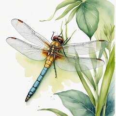 Watercolor illustration of a solitary dragonfly against a white backdrop