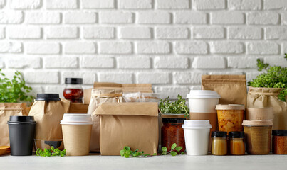 Fototapeta premium Food delivery.Healthy food delivery in takeaway restaurants for daily nutrition on brick wall background. Healthy eating plan - daily ready-made menu. Place for text. Copy space.