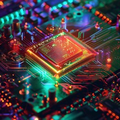 A microchip illuminated by vibrant lights, symbolizing the intricate and essential role of electronics in modern society and the brilliance of electronic engineering