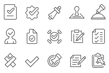 Simple Set of Approve Related Vector Line Icons. Contains such Icons as Inspector, Stamp, Check List and more. Editable Stroke.