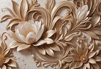 Elegant 3D Printed Ceiling Wallpaper with Brown Flowers and Marble Texture