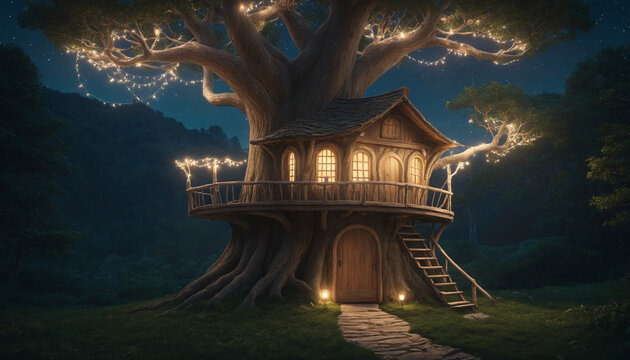 Enchanted Treehouse in a Forest with Twinkling Lights
