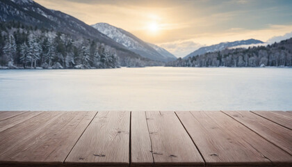 Rustic Wood Table with Winter Scene Background.