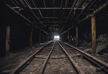 Fototapeta na wymiar Exploring an old abandoned coal or mineral mine. Dark and dim shaft. old trolley tracks