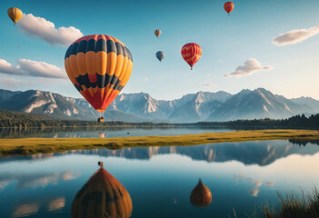 Scenic Hot Air Balloons Soaring over Lake and Mountains