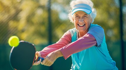 Happy senior woman is playing pickleball at the pickle ball court, concept of elder people sport, retirement life, trendy pickle ball life.