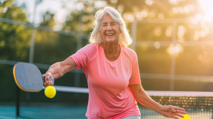 Happy senior woman is playing pickleball at the pickle ball court, concept of elder people sport, retirement life, trendy pickle ball life, active lifestyle, sports.