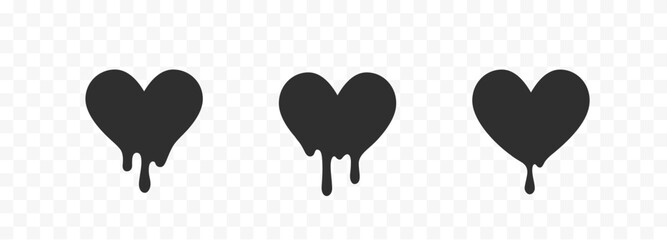 Drip heart set of oil, sauce or paint isolated on white background. Black chocolate melt liquid splash borders. Vector ink drops patterns