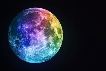 Rainbow moon, full moon on black, copy space.