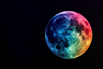 Rainbow moon, full moon on black, copy space.