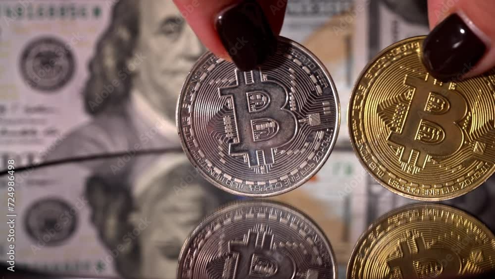 Poster two bitcoin coins against background of dollars. bitcoin coin, digital gold next to hands of expert 