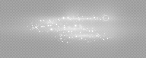 Dust sparks and stars shine with a special light. Christmas light effect. Glittering particles of magic dust.Vector sparkles on a transparent background.