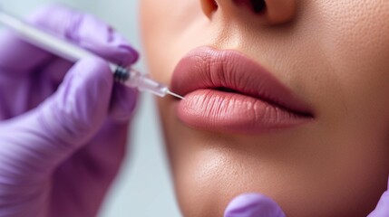 Cropped sensual female lips, procedure lip augmentation. Syringe near womans mouth, injections for increase lips shape.
