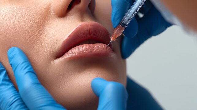 Cropped sensual female lips, procedure lip augmentation. Syringe near womans mouth, injections for increase lips shape.