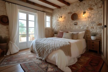 Experience the rustic allure of French country, farmhouse, and Provence style interior design showcased in this modern bedroom sanctuary.