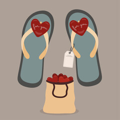 Flat Design Illustration with Flip Flops, Shopping Bag at Heart, Sale Tag