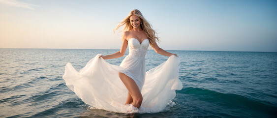 Fototapeta na wymiar Joyful bride in a white wedding gown smiles brightly as she holds her dress, with the ocean waves gently lapping at her feet.Summer holiday at sea