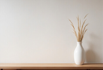 Modern white ceramic vase with dry grass on wooden bench, table. Scandinavian interior. Empty white wall, copy space - obrazy, fototapety, plakaty