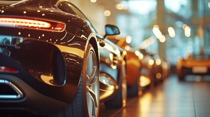 A luxury car dealership with high-end vehicles on display.