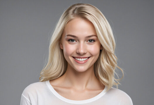 Beautiful blond woman smiling at the camera in headshot on gray background