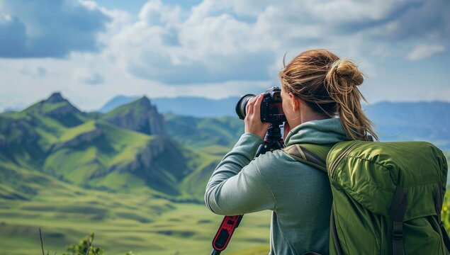 Woman hiker with binoculars admires mountain landscape