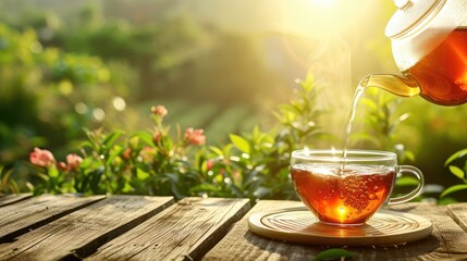 black tea into a glass cup, set atop a wooden table against the backdrop of a picturesque summer landscape, with warm sunlight filtering through lush greenery