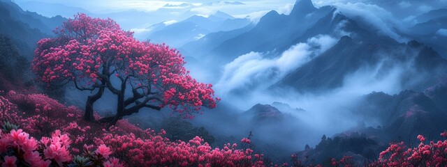 Flourishing rhododendron amidst the lofty mountains surpassing the veil of clouds Captivating wall