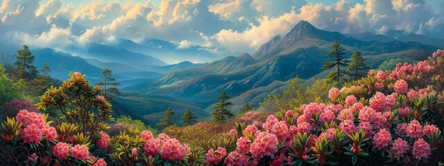 Flourishing rhododendron amidst the lofty mountains surpassing the veil of clouds Captivating wall