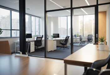 Blurred bokeh background in business office with glass partitions
