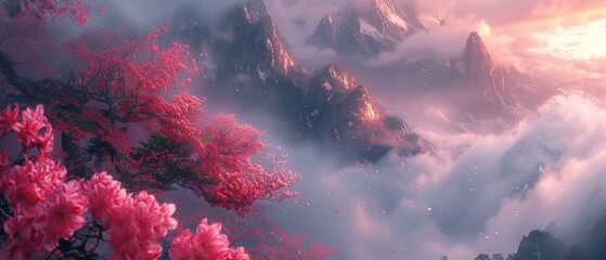 Fototapeta na wymiar Rhododendron in full bloom amidst the misty mountain peaks Striking wallpaper capturing an extraord
