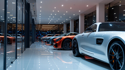 A luxury car showroom featuring the latest models under dramatic lighting.