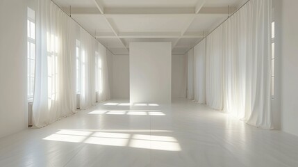 In this photograph a white room is captured with a white wall white floor and a white curtain