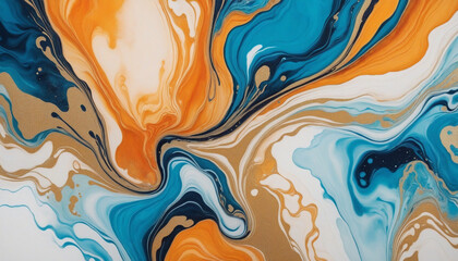 Abstract luxury marble ink art background in blue, orange, and gold paints