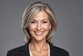Charismatic mature woman posing against gray backdrop.