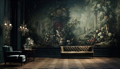 Room with furniture in it and a mural on the wall, in the style of dark and moody landscapes, baroque grandiosity, tranquil gardenscapes, landscape-focused, flower and nature motifs - obrazy, fototapety, plakaty