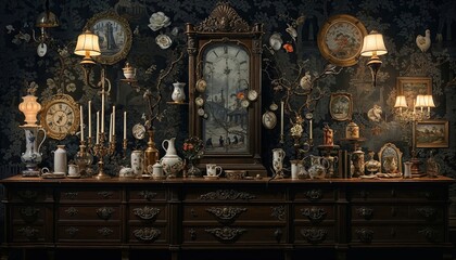 Vintage clock wall wallpaper, in the style of dark and moody still lifes, fantastical scenes, extravagant table settings, surrealist ceramics, enchanted realism, museum gallery dioramas - obrazy, fototapety, plakaty