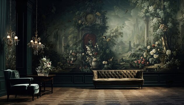 Room with furniture in it and a mural on the wall, in the style of dark and moody landscapes, baroque grandiosity, tranquil gardenscapes, landscape-focused, flower and nature motifs