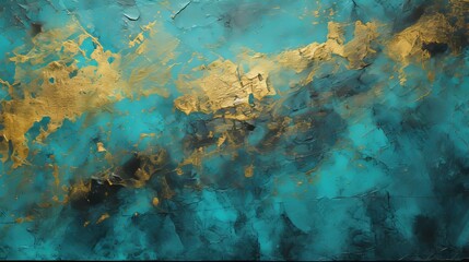 Elegant digital artwork  rich teal textured background with intricate gold leaf spatter