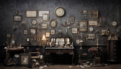 The interior scene appears to be a room designed to look like a vintage or antique setting. The walls are adorned with a variety of framed pictures and mirrors, creating a gallery-like effect.