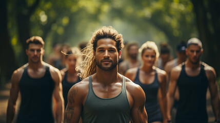 A group of people exercising together in a scenic outdoor location, highlighting the social and physical benefits of group workouts in natural settings.