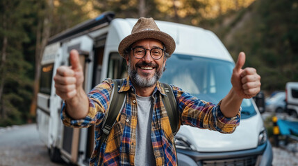 Cheerful senior man giving thumbs up at a campsite Generative AI image