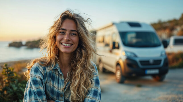 Happy young woman with camper van at seaside Generative AI image