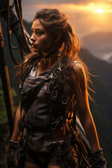 Obraz na płótnie Canvas A young woman in climbing equipment standing before climbing.